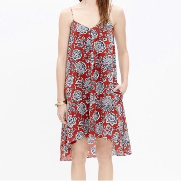 Madewell Silk Slip Dress Sleeveless Burgundy & Navy Blue Floral Sz Lg Sundress - Picture 1 of 7